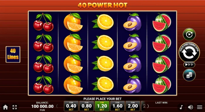 40 Power Hot Coin Boost žaidimo ekranas